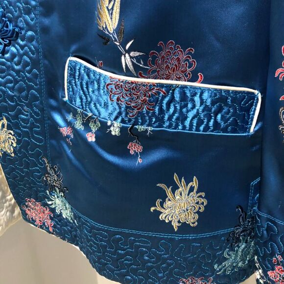 Vintage Silk Blue Ivory Embroidered Kimono Reversible Floral Jacket Large - Picture 10 of 13